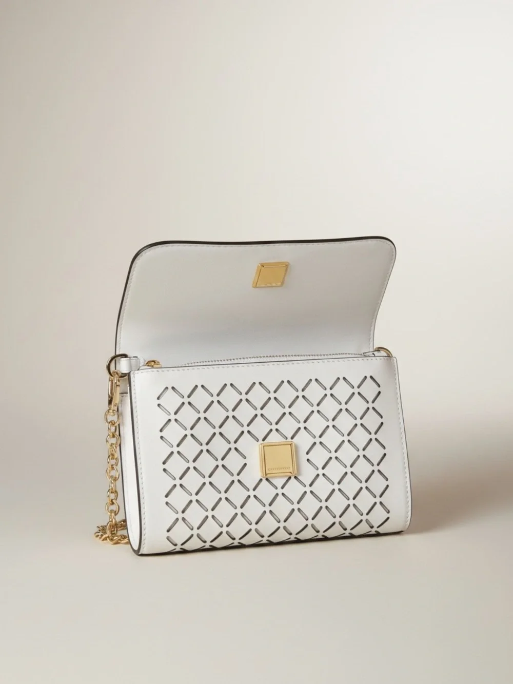 Tory Burch White Laser-Cut Leather Crossbody with Gold Chain